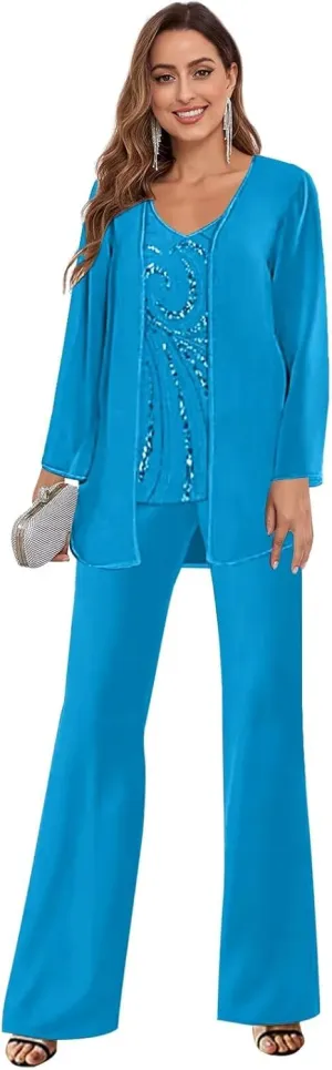 3 Pieces Mother of The Bride Pant Suits for Wedding Lace Long Sleeve Chiffon Formal Evening Outfits with Jacket