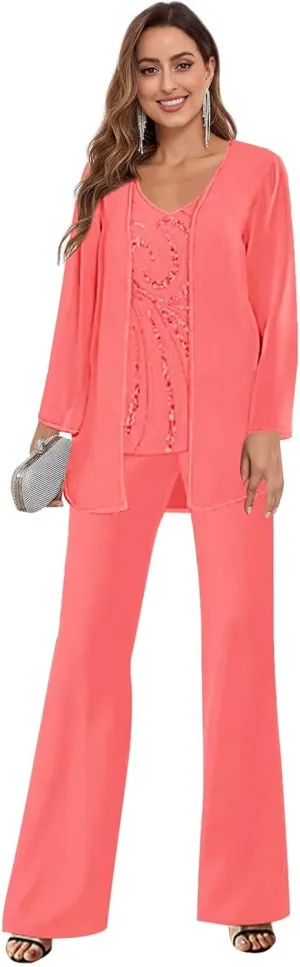 3 Pieces Mother of The Bride Pant Suits for Wedding Lace Long Sleeve Chiffon Formal Evening Outfits with Jacket