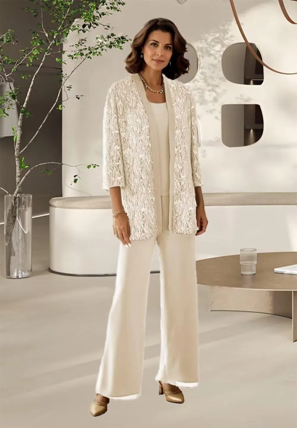 3 Pieces Mother of The Bride Pantsuits for Women Long Sleeve Lace Outfit Dressy Pant Suits with Jacket PS008