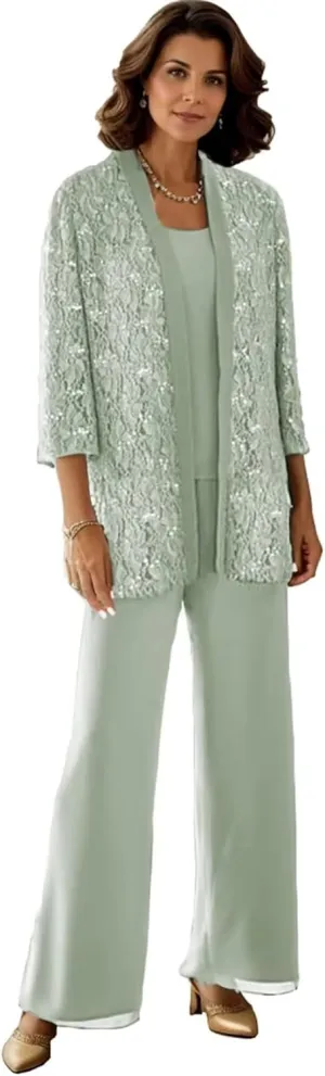 3 Pieces Mother of The Bride Pantsuits for Women Long Sleeve Lace Outfit Dressy Pant Suits with Jacket PS008