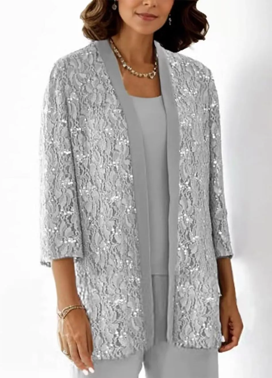 3 Pieces Mother of The Bride Pantsuits for Women Long Sleeve Lace Outfit Dressy Pant Suits with Jacket PS008