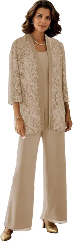 3 Pieces Mother of The Bride Pantsuits for Women Long Sleeve Lace Outfit Dressy Pant Suits with Jacket PS008