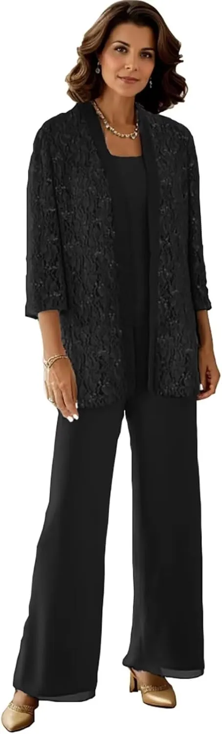 3 Pieces Mother of The Bride Pantsuits for Women Long Sleeve Lace Outfit Dressy Pant Suits with Jacket PS008