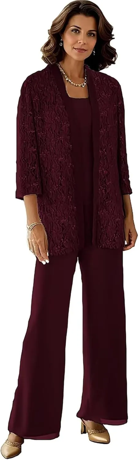 3 Pieces Mother of The Bride Pantsuits for Women Long Sleeve Lace Outfit Dressy Pant Suits with Jacket PS008