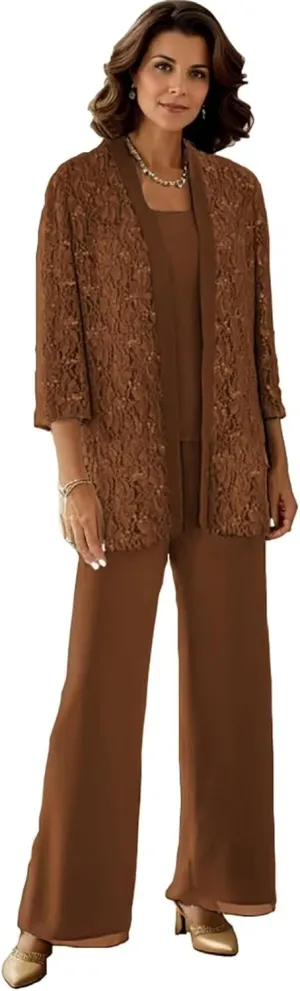 3 Pieces Mother of The Bride Pantsuits for Women Long Sleeve Lace Outfit Dressy Pant Suits with Jacket PS008