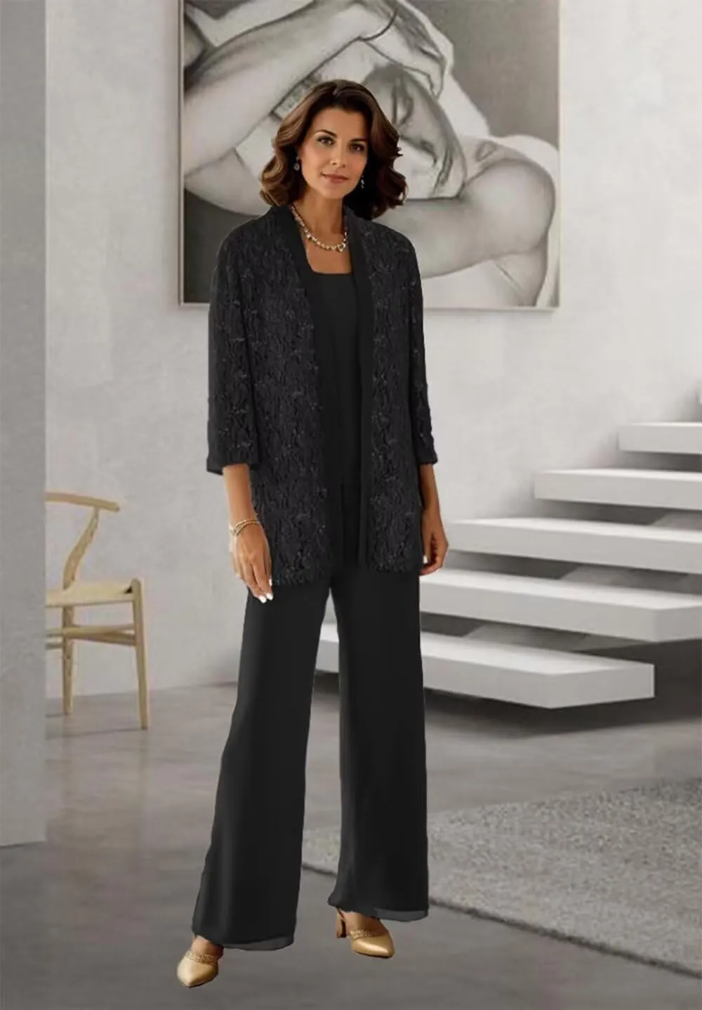 3 Pieces Mother of The Bride Pantsuits for Women Long Sleeve Lace Outfit Dressy Pant Suits with Jacket PS008