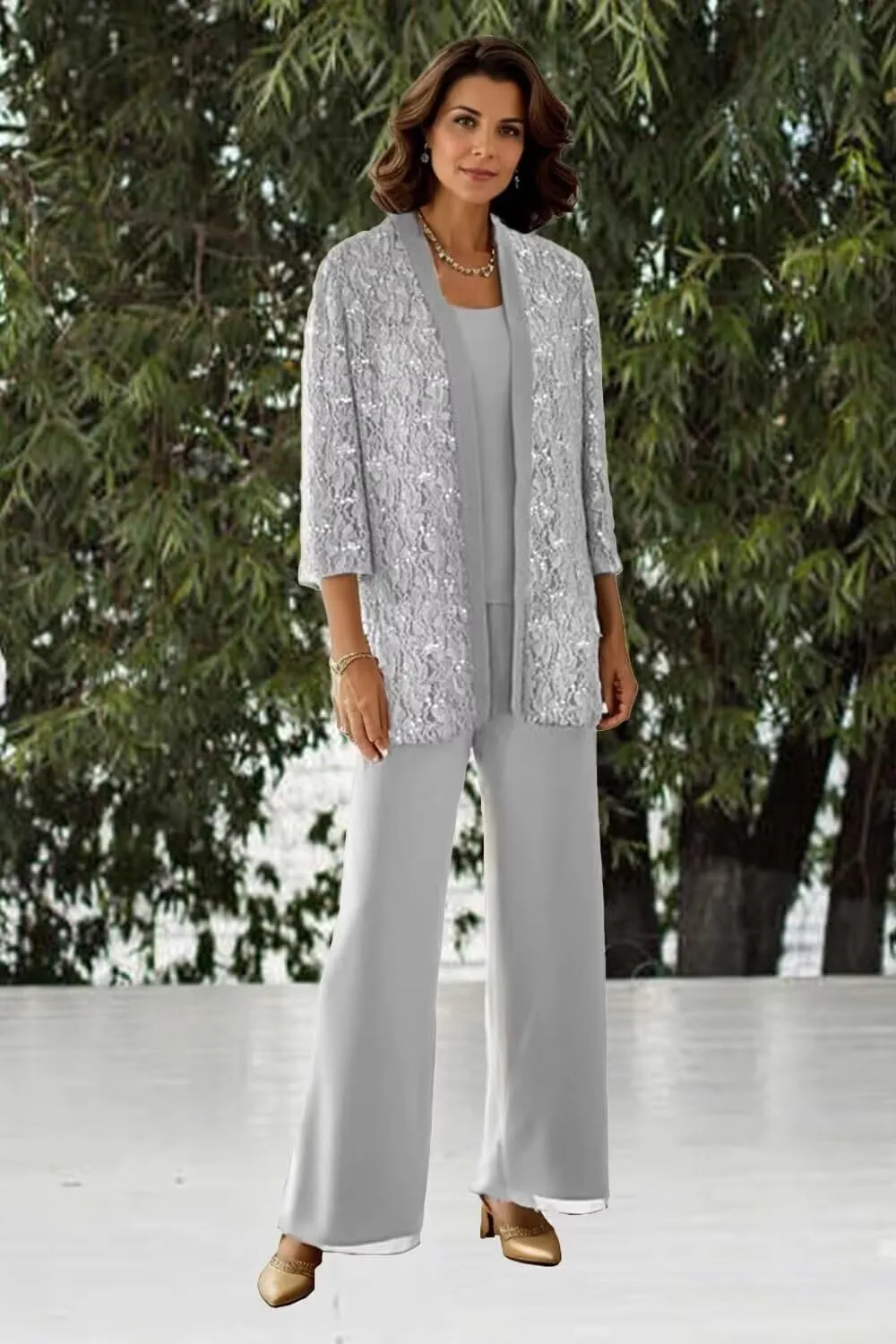 3 Pieces Mother of The Bride Pantsuits for Women Long Sleeve Lace Outfit Dressy Pant Suits with Jacket PS008
