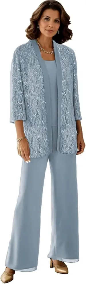 3 Pieces Mother of The Bride Pantsuits for Women Long Sleeve Lace Outfit Dressy Pant Suits with Jacket PS008