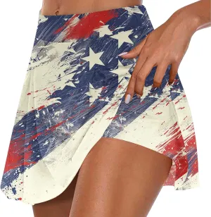4th of July Skort Patriotic Skirts for Women American Flag Tennis Skirts with Shorts High Waisted Flowy Summer Skorts