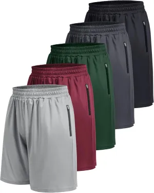 5 Pack Athletic Basketball Mens Shorts with Zipper Pockets - Lightweight Quick Dry Gym Workout Running Shorts for Men