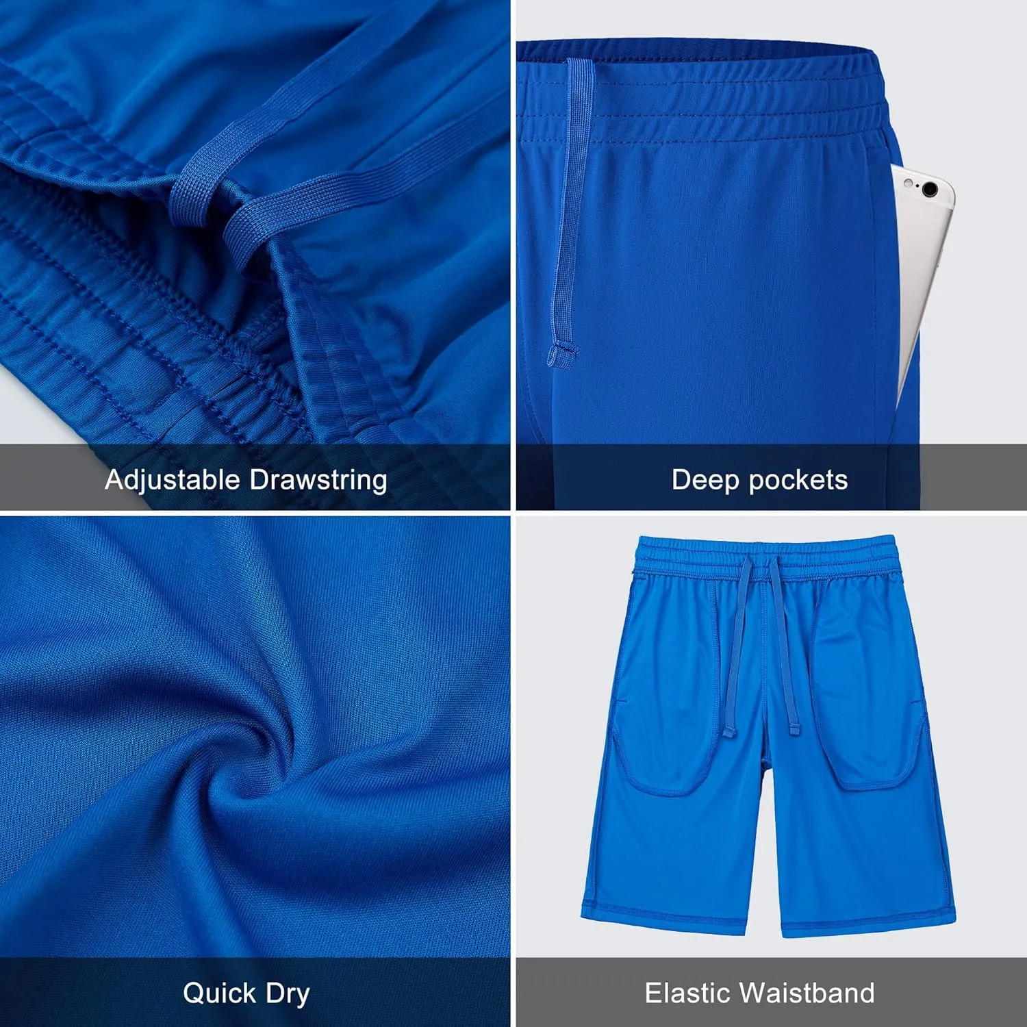 5 Pack Boys Athletic Shorts Active Performance Youth Kids Basketball Shorts Quick Dry with Elastic Waist Pockets