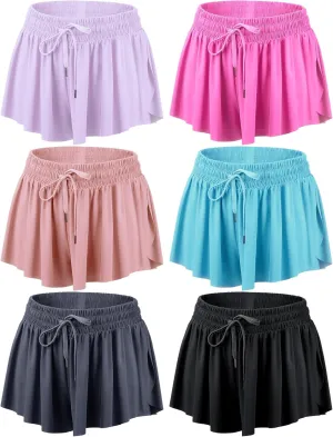 6 Pcs 2 in 1 Flowy Running Shorts with Pockets Butterfly Gym Shorts Summer Women Workout Yoga