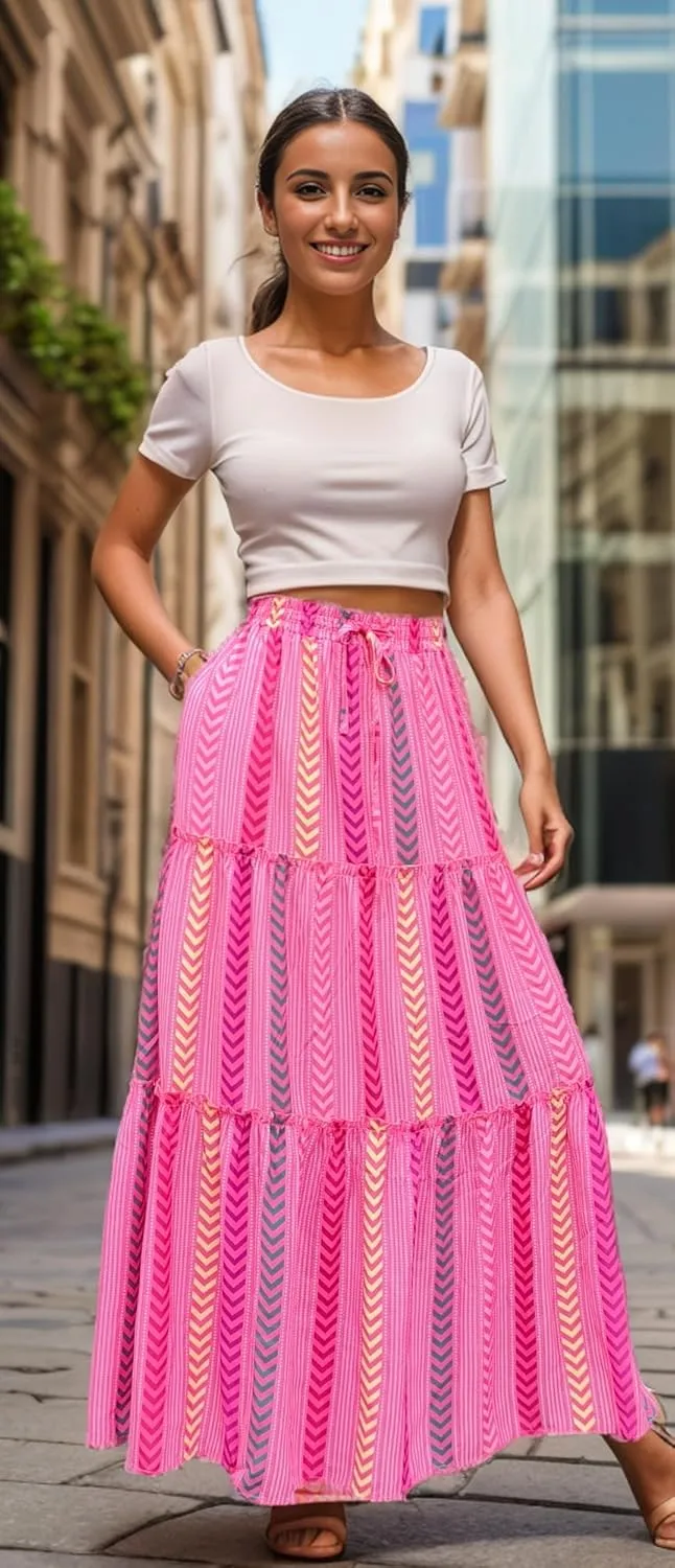 ADWAXDA Womens Boho Maxi Skirt, Floral Print Flowy High Waist Tiered Pleated Long Skirt with Pockets