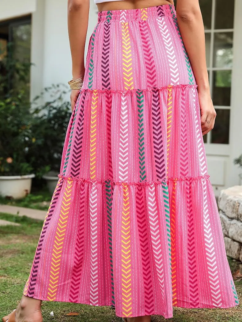 ADWAXDA Womens Boho Maxi Skirt, Floral Print Flowy High Waist Tiered Pleated Long Skirt with Pockets