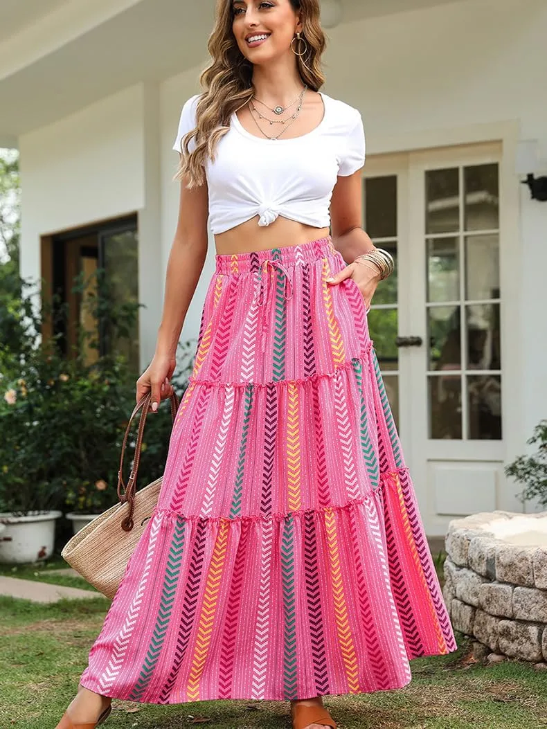 ADWAXDA Womens Boho Maxi Skirt, Floral Print Flowy High Waist Tiered Pleated Long Skirt with Pockets