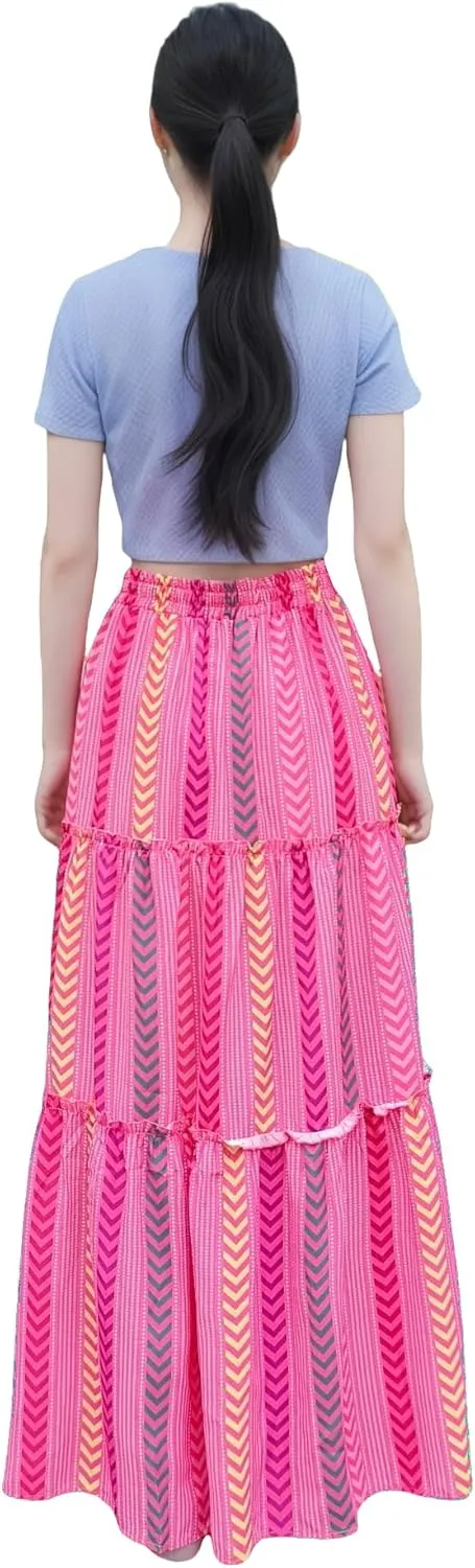 ADWAXDA Womens Boho Maxi Skirt, Floral Print Flowy High Waist Tiered Pleated Long Skirt with Pockets