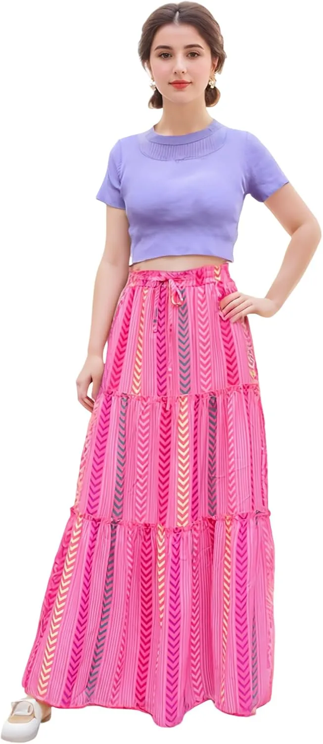 ADWAXDA Womens Boho Maxi Skirt, Floral Print Flowy High Waist Tiered Pleated Long Skirt with Pockets