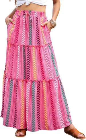 ADWAXDA Womens Boho Maxi Skirt, Floral Print Flowy High Waist Tiered Pleated Long Skirt with Pockets