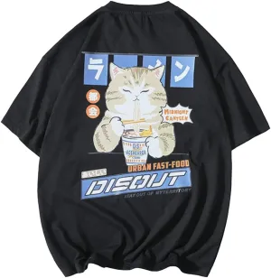 Aelfric Eden Mens Ramen Cat Graphic Tee Oversized Shirts Summer Unisex Printed Casual Harajuku Top Tshirt