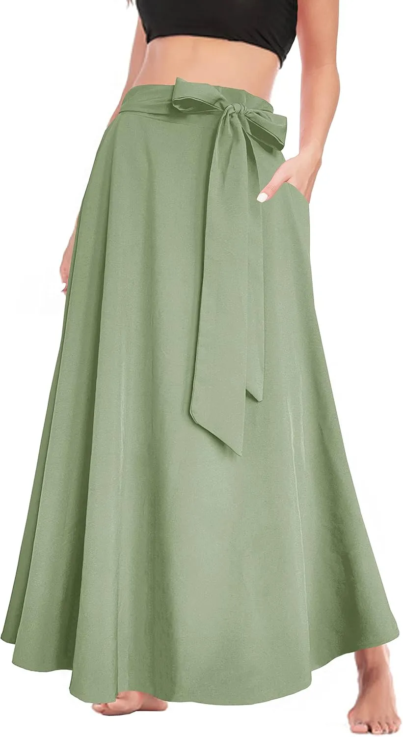Afibi Women's High Waist Skirt Tie Front A-Line Flowy Long Maxi Skirts with Pockets