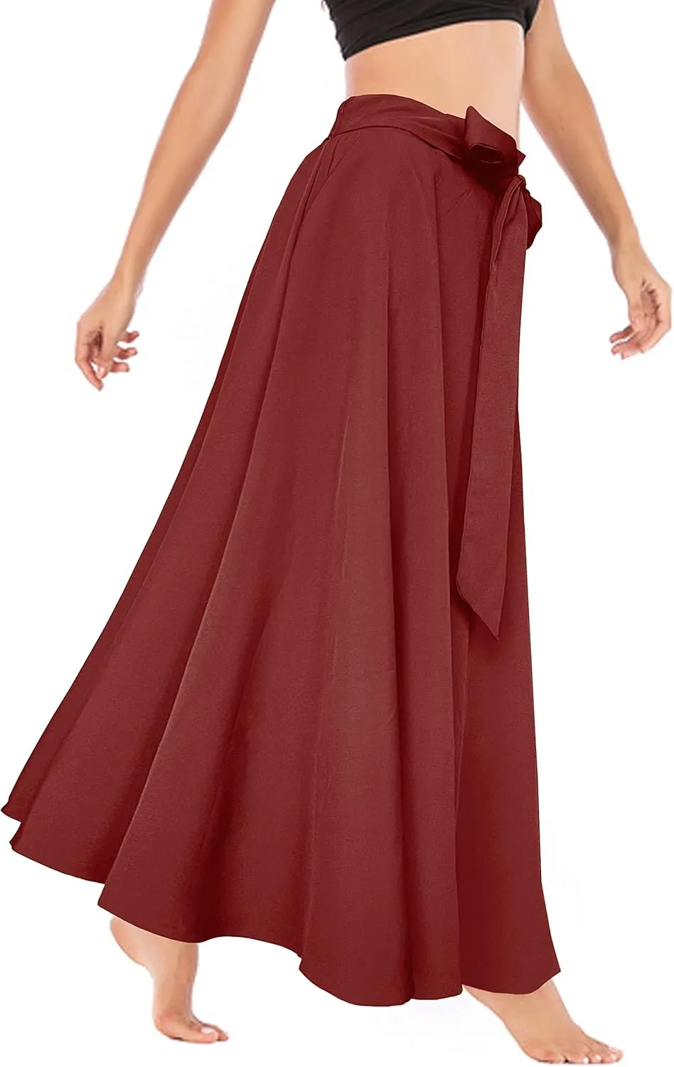 Afibi Women's High Waist Skirt Tie Front A-Line Flowy Long Maxi Skirts with Pockets