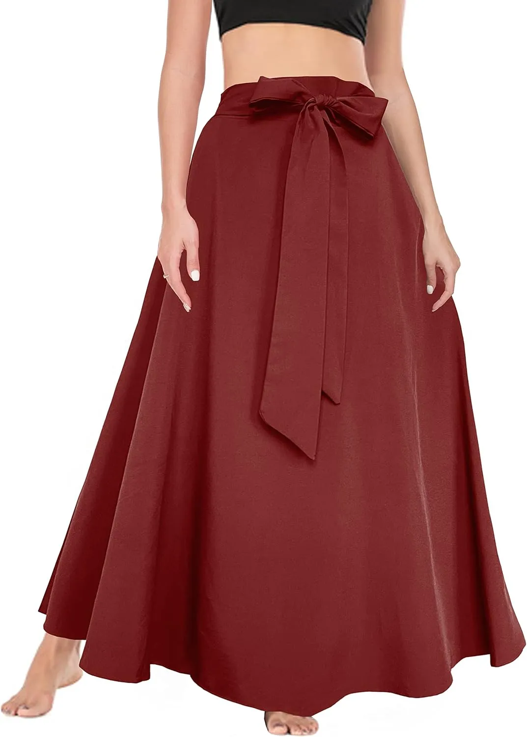 Afibi Women's High Waist Skirt Tie Front A-Line Flowy Long Maxi Skirts with Pockets