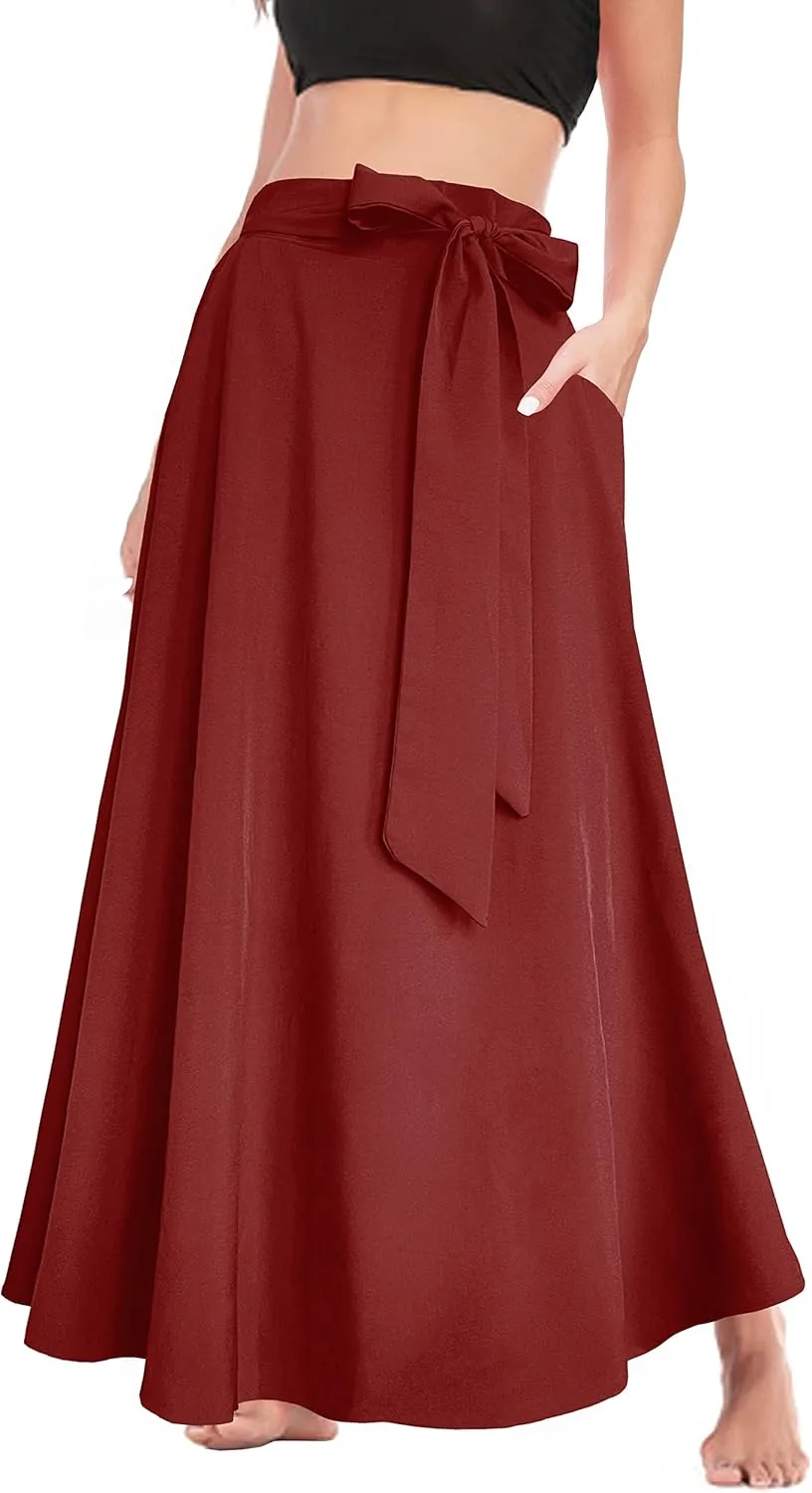 Afibi Women's High Waist Skirt Tie Front A-Line Flowy Long Maxi Skirts with Pockets