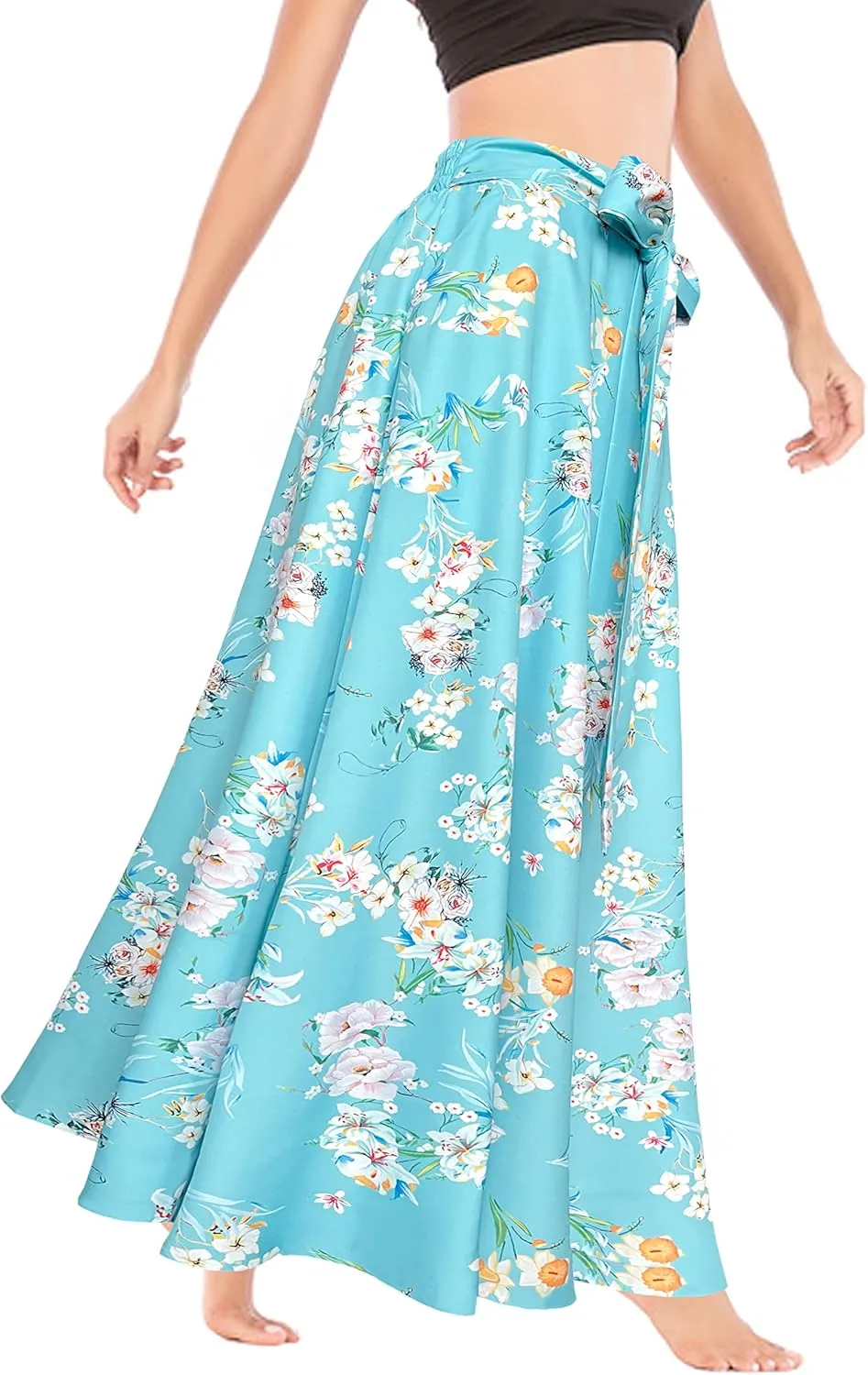Afibi Women's High Waist Skirt Tie Front A-Line Flowy Long Maxi Skirts with Pockets