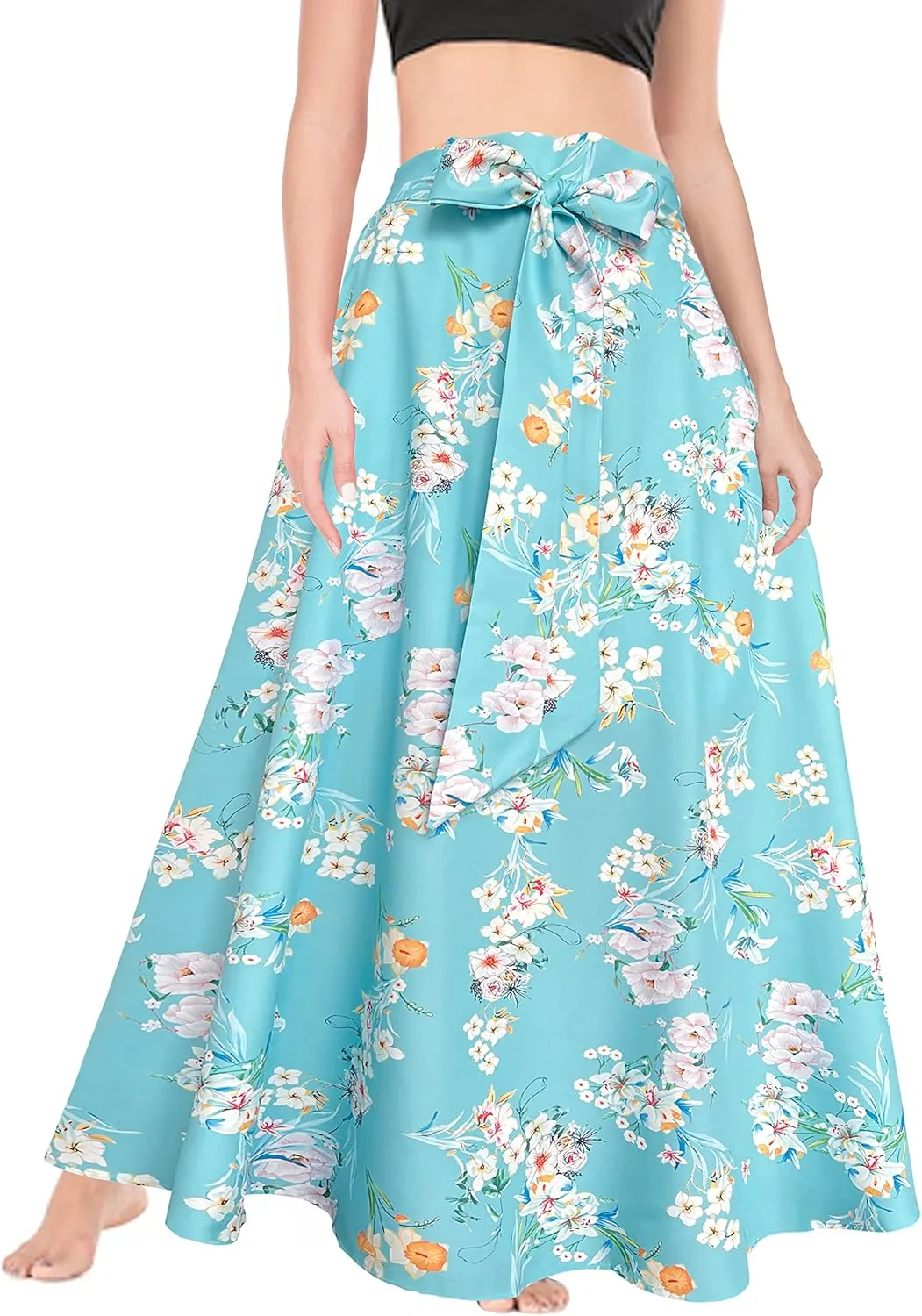 Afibi Women's High Waist Skirt Tie Front A-Line Flowy Long Maxi Skirts with Pockets