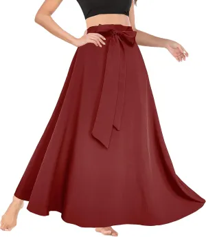 Afibi Women's High Waist Skirt Tie Front A-Line Flowy Long Maxi Skirts with Pockets
