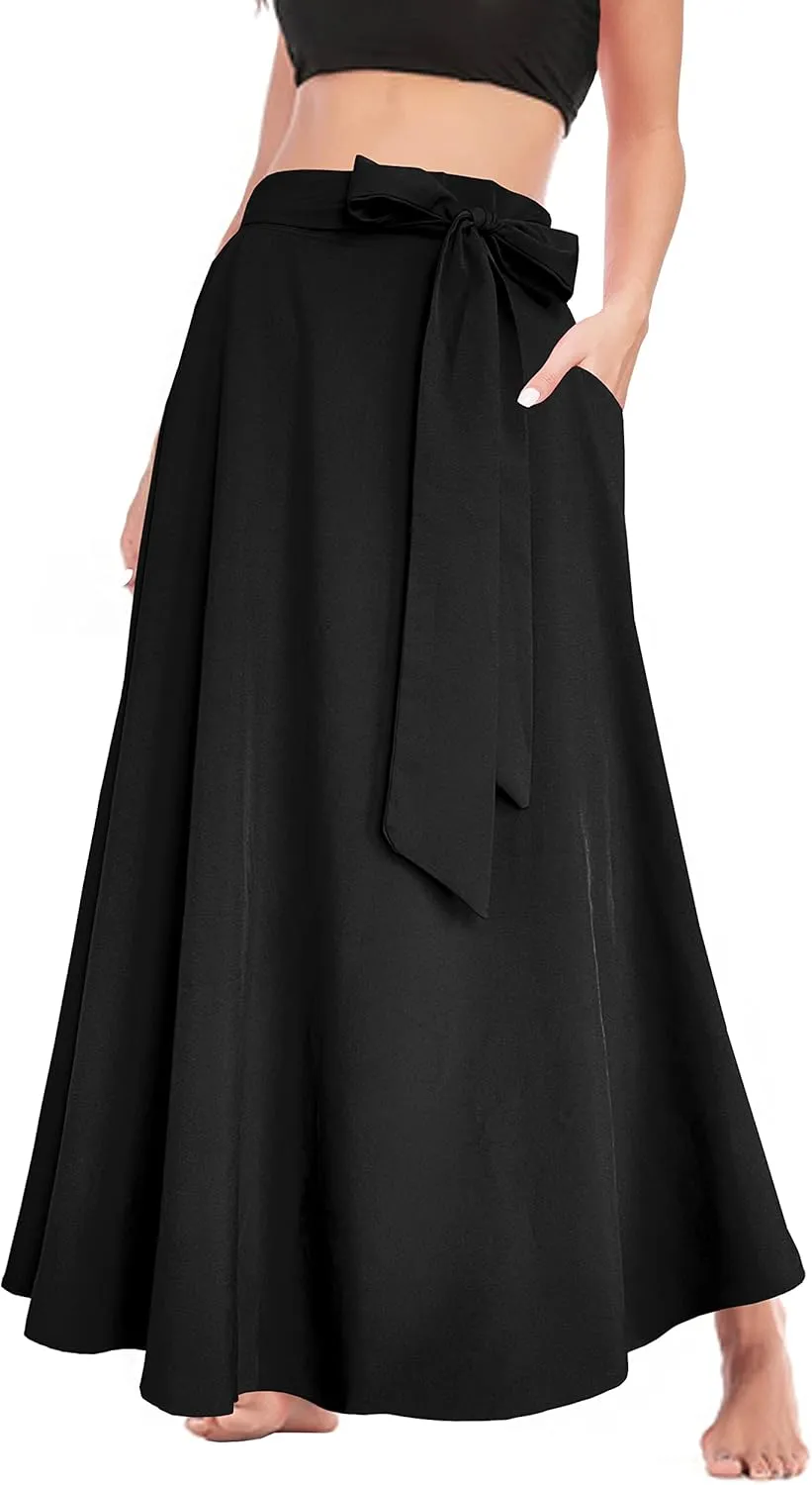 Afibi Women's High Waist Skirt Tie Front A-Line Flowy Long Maxi Skirts with Pockets