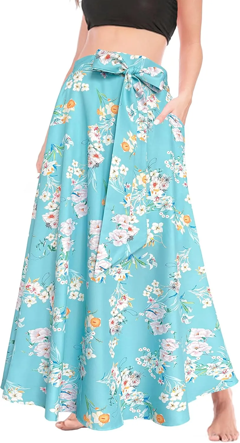 Afibi Women's High Waist Skirt Tie Front A-Line Flowy Long Maxi Skirts with Pockets