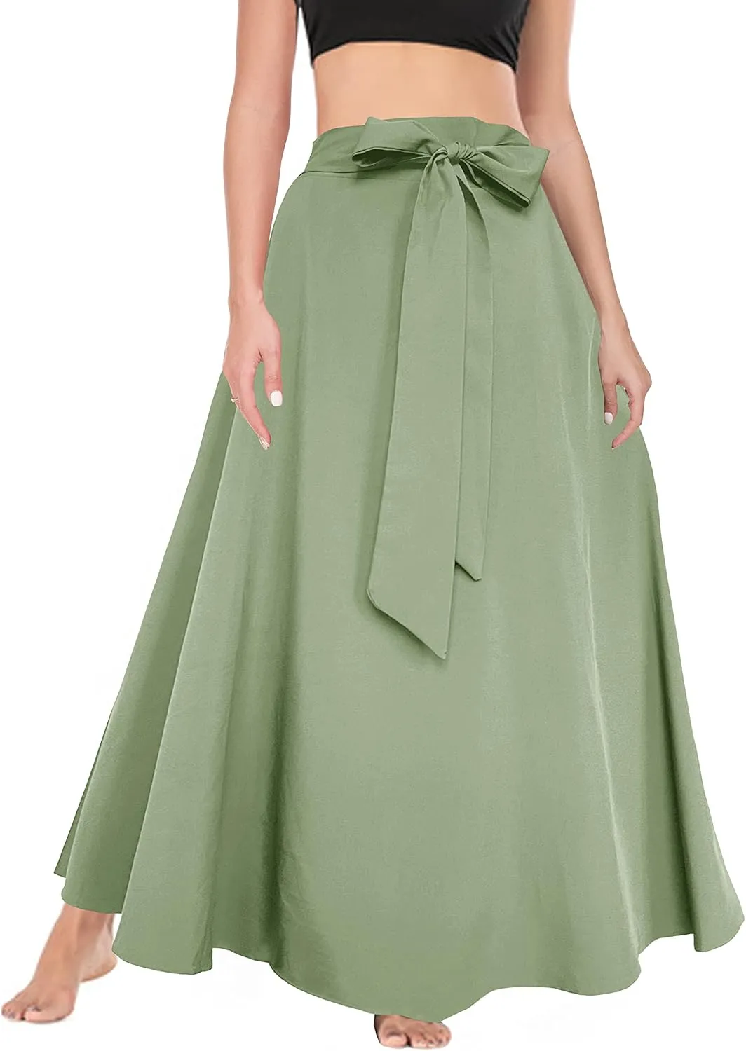 Afibi Women's High Waist Skirt Tie Front A-Line Flowy Long Maxi Skirts with Pockets