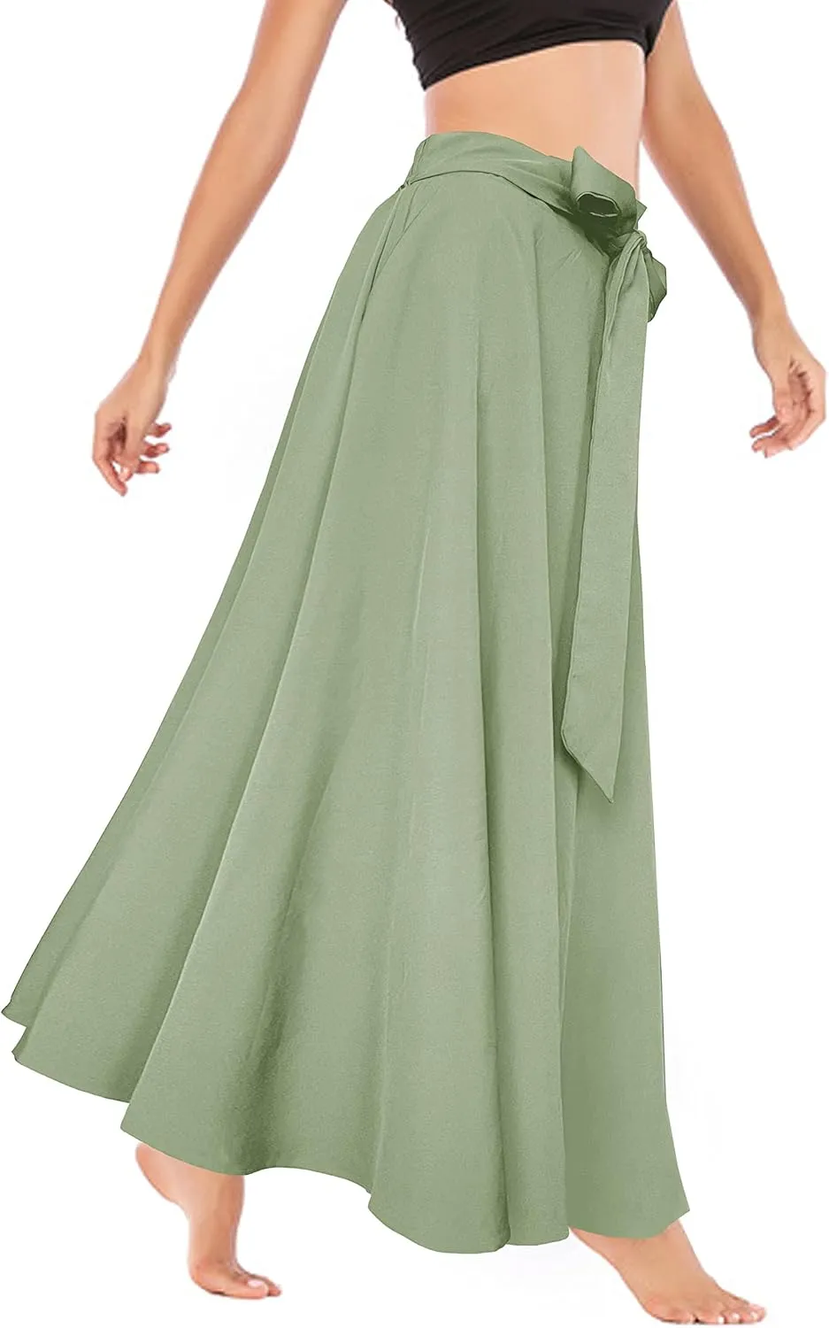 Afibi Women's High Waist Skirt Tie Front A-Line Flowy Long Maxi Skirts with Pockets