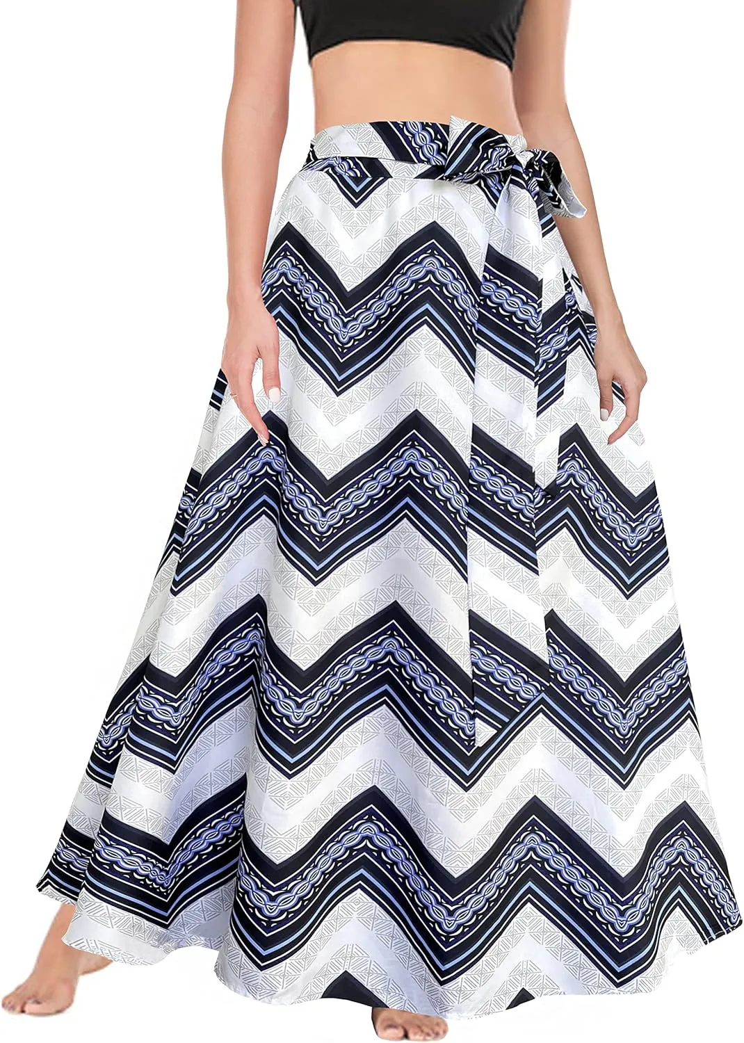 Afibi Women's High Waist Skirt Tie Front A-Line Flowy Long Maxi Skirts with Pockets