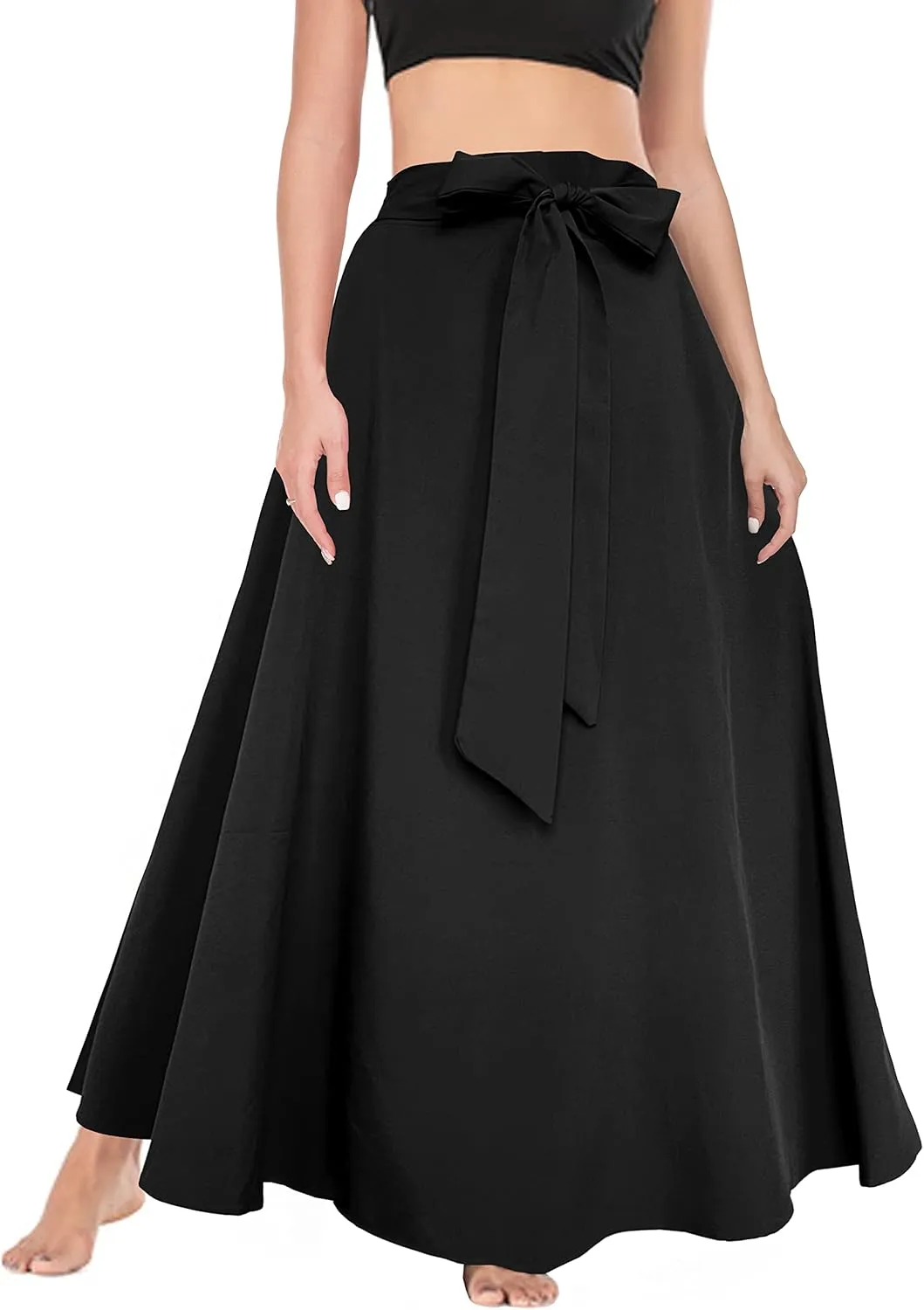 Afibi Women's High Waist Skirt Tie Front A-Line Flowy Long Maxi Skirts with Pockets