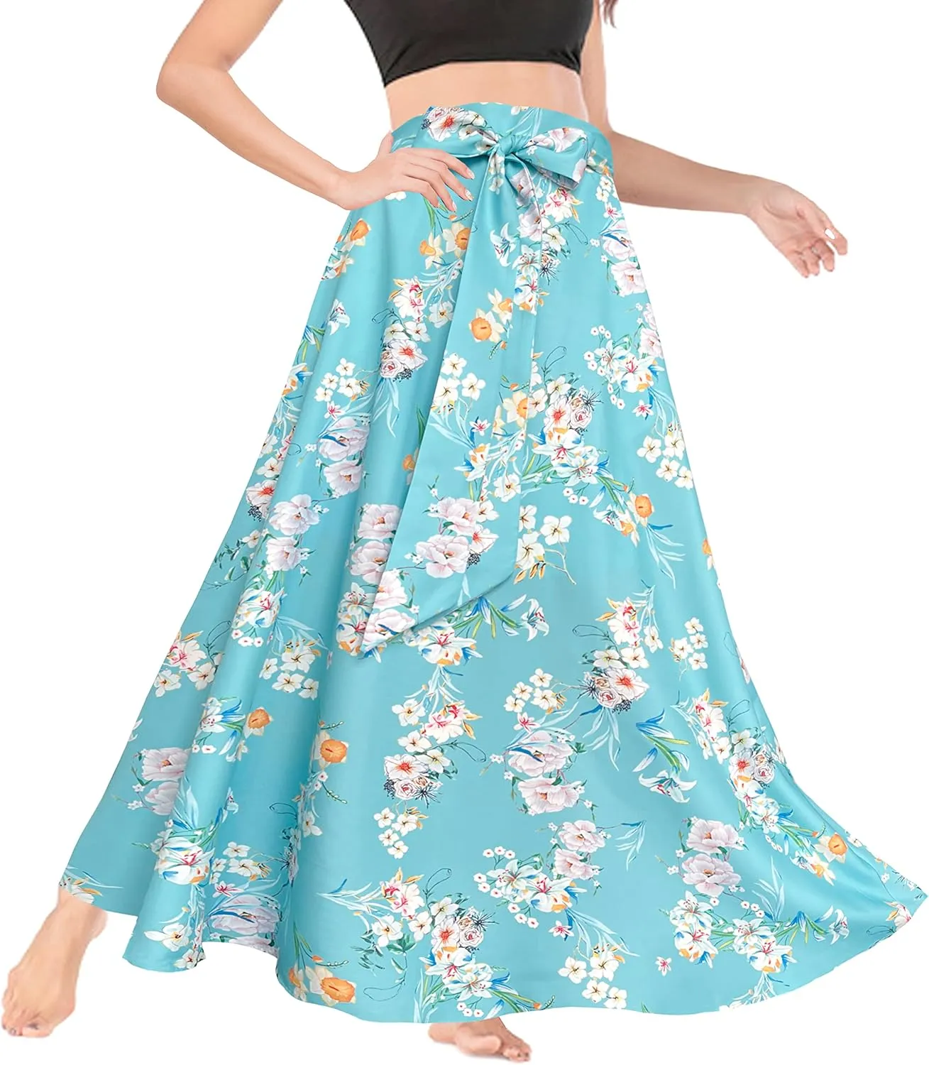 Afibi Women's High Waist Skirt Tie Front A-Line Flowy Long Maxi Skirts with Pockets