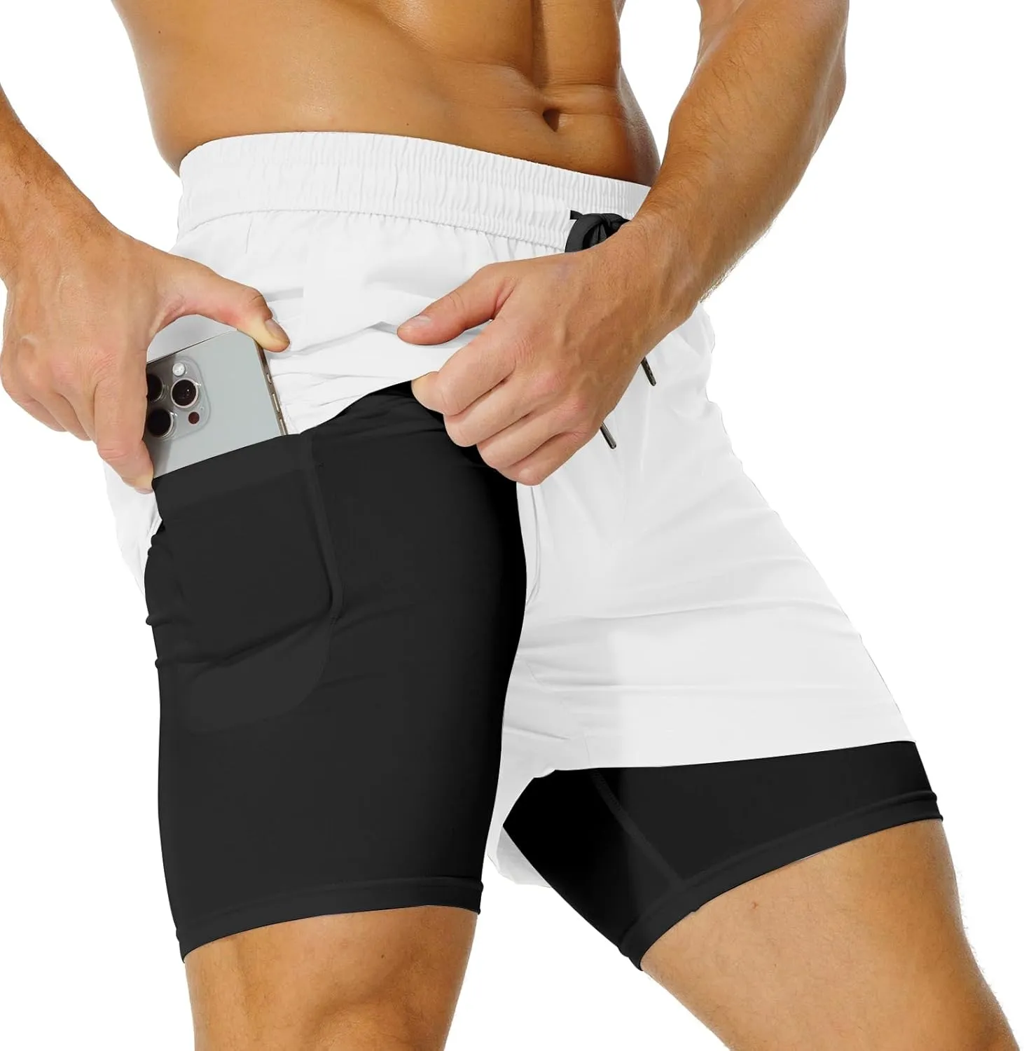 AIMPACT Mens 2 in 1 Shorts 7" Compression Gym Athletic Workout Shorts for with Phone Pockets