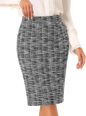 Allegra K Tweed Skirt for Women's Office Work High Waist Split Bodycon Plaid Pencil Skirts