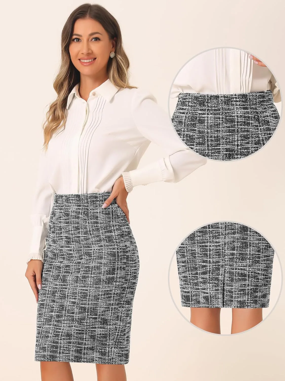 Allegra K Tweed Skirt for Women's Office Work High Waist Split Bodycon Plaid Pencil Skirts