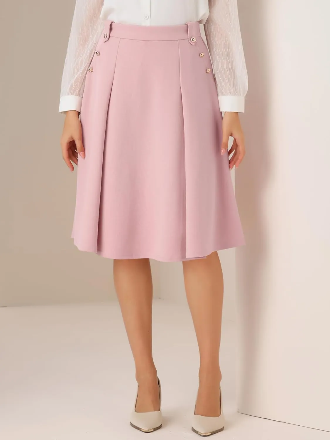 Allegra K Women's High Waist Work Office Vintage Pleated Flared Teacher Midi Skirt