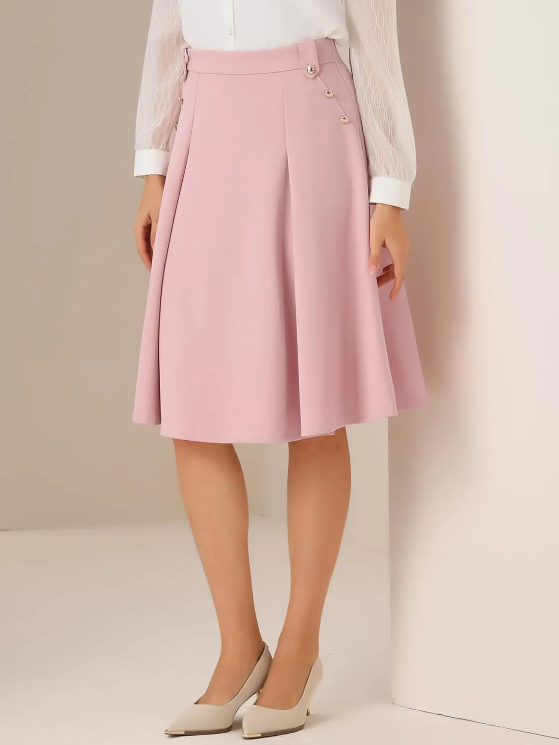 Allegra K Women's High Waist Work Office Vintage Pleated Flared Teacher Midi Skirt