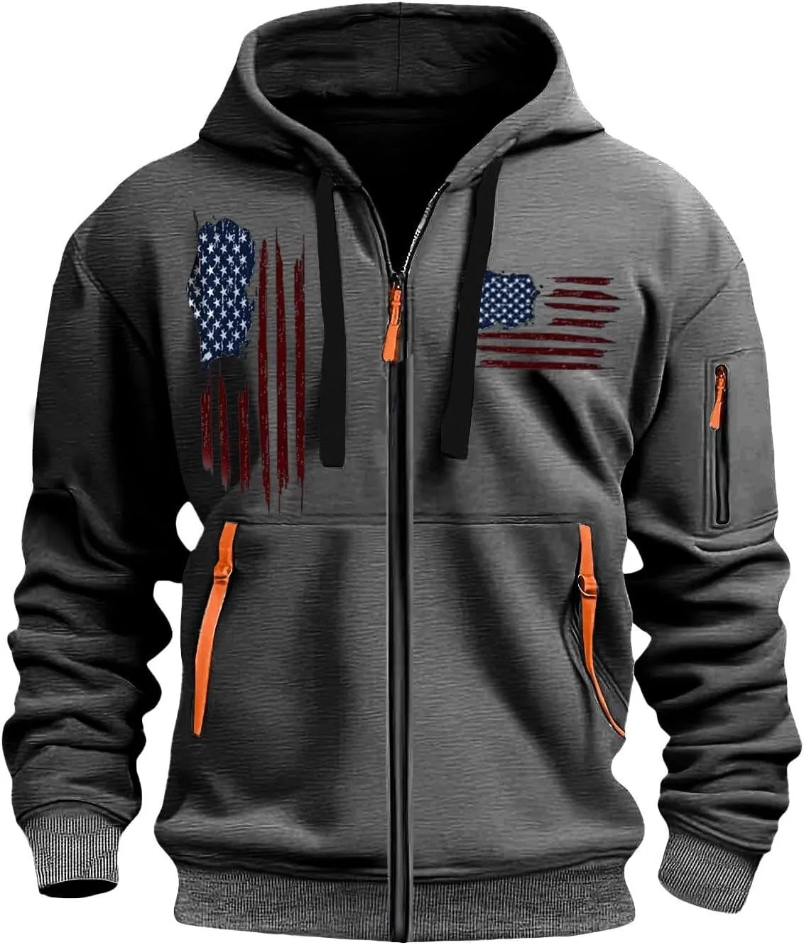 American Flag Hoodie Hoodies for Men Loose Print Zipper Long Sleeved Hoodie Loose Fit Heavyweight American Flag