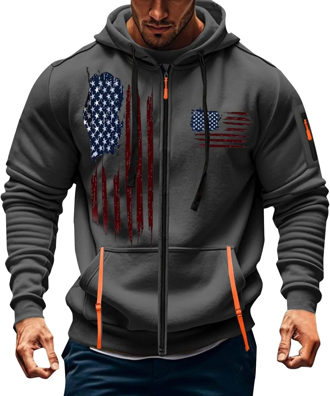 American Flag Hoodie Hoodies for Men Loose Print Zipper Long Sleeved Hoodie Loose Fit Heavyweight American Flag
