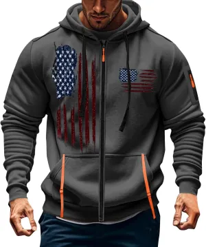 American Flag Hoodie Hoodies for Men Loose Print Zipper Long Sleeved Hoodie Loose Fit Heavyweight American Flag