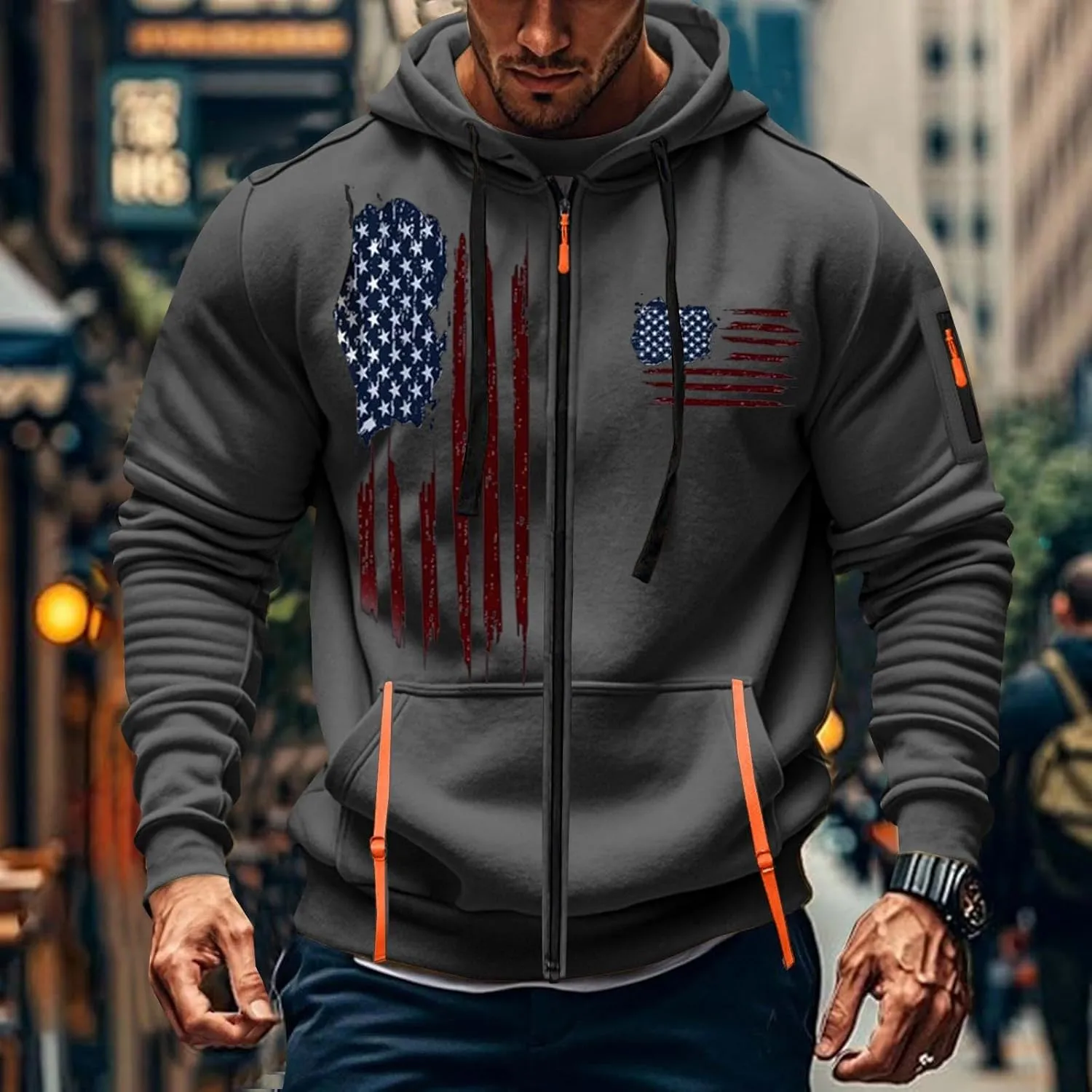 American Flag Hoodie Hoodies for Men Loose Print Zipper Long Sleeved Hoodie Loose Fit Heavyweight American Flag