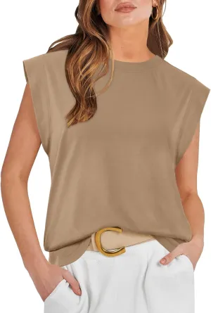 ATHMILE Women's Sleeveless Summer Tank Tops Casual Trendy T Shirts Basic Trendy Cap Sleeve Oversized Tee