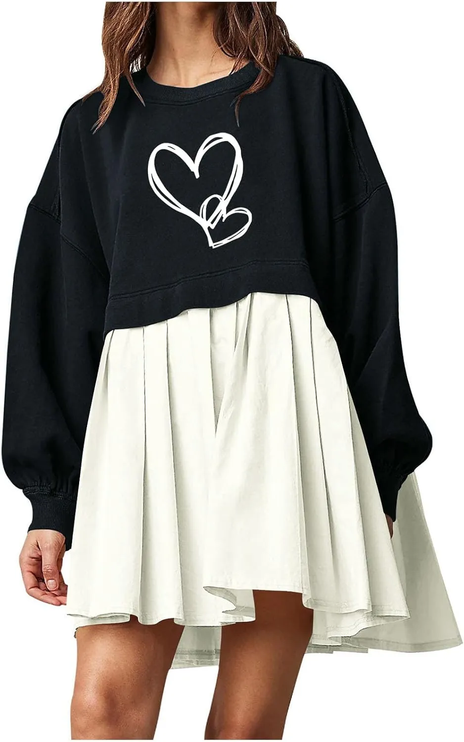 Autumn Dresses for Women 2024 Causal Long Sleeve Patchwork Crewneck Sweatshirt Dress Heart Print Graphic Tee Shirts