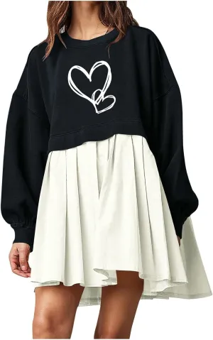 Autumn Dresses for Women 2024 Causal Long Sleeve Patchwork Crewneck Sweatshirt Dress Heart Print Graphic Tee Shirts