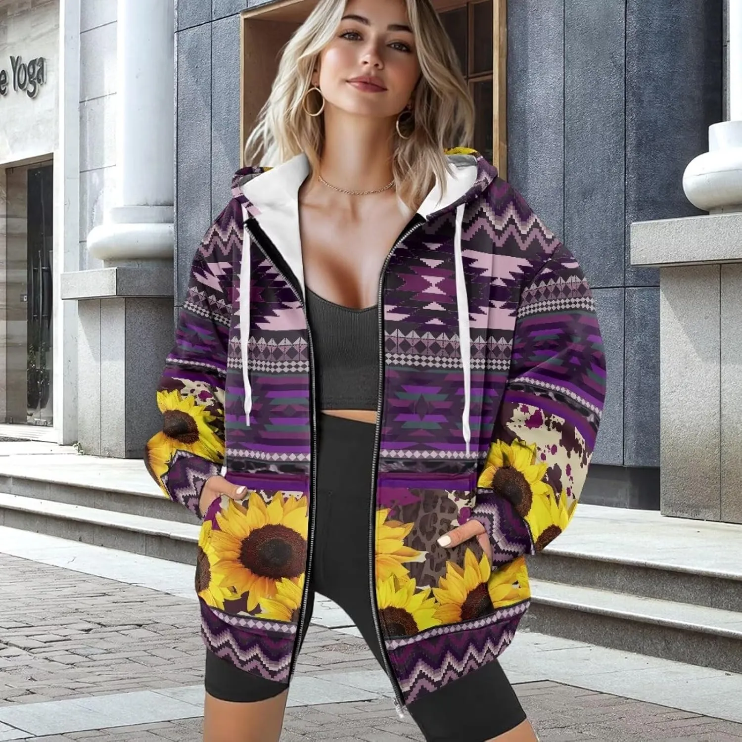 Aztec Zip up Hoodies for Women Western Geometric Print Western Ethnic Style Sweatshirts with Pocket Casual Jacket